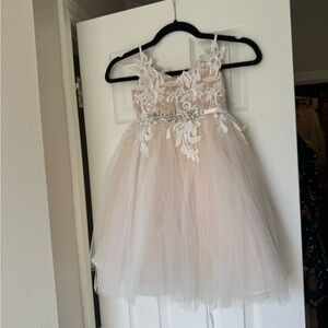 Flower girl Ivory/champagne Lace Kids Dress with rhinestone belt - size 4